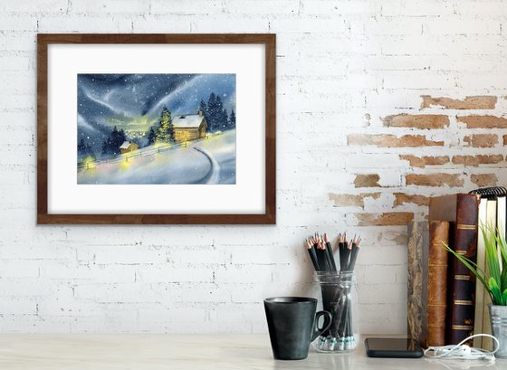 Silence in the mountains. Winter landscape. Original watercolor artwork.