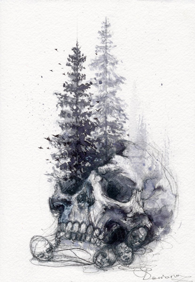 Expressive Portrait Ink Drawing By Doriana Popa, 5 X 7, Skull And Trees, Original Artwork