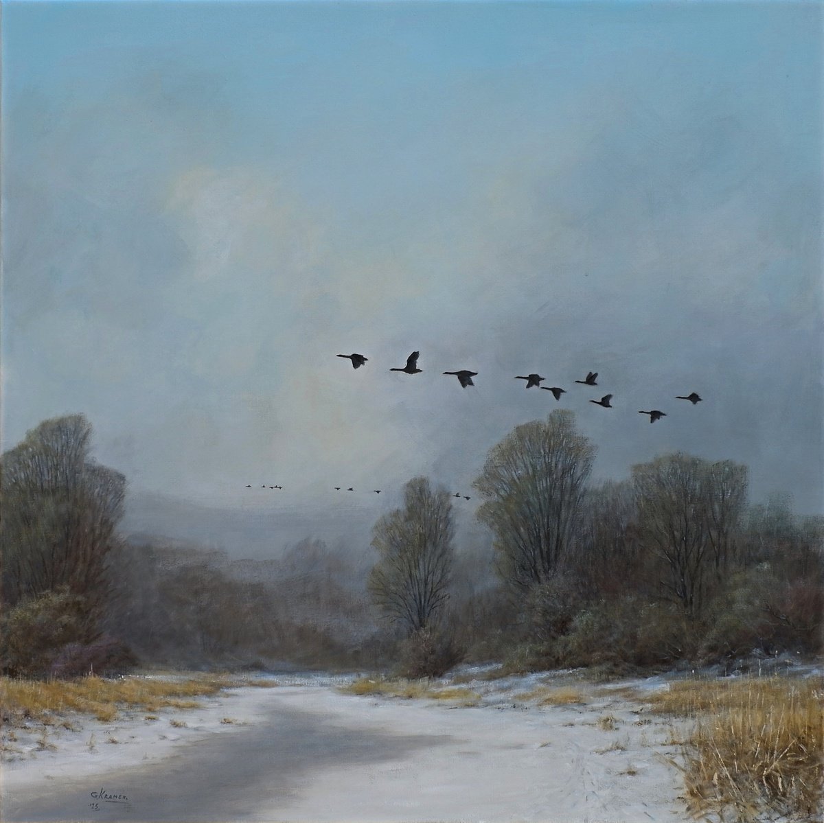 Impressionistic Landscape Acrylic Painting By Gerard Kramer, 39 X 39, Geese On The Run., Original Artwork