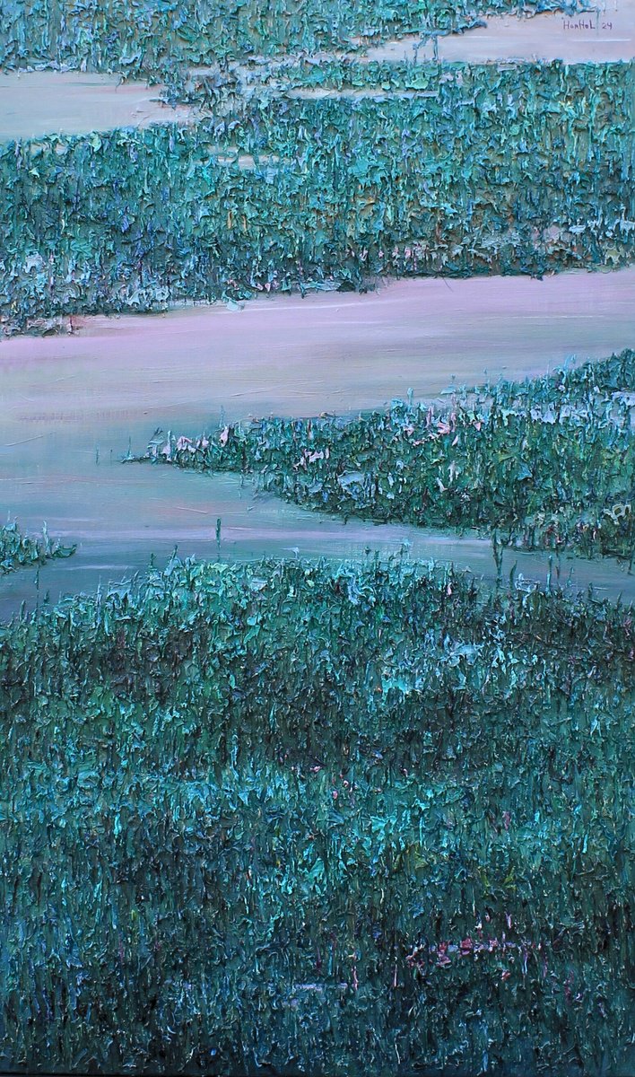 Impressionistic Landscape Oil Painting By Olena Horhol, 24 X 39", Marsh, Original Artwork