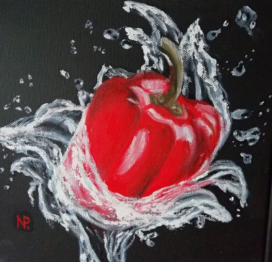 Pepper, red, splashes, food, still life original gift idea, oil painting