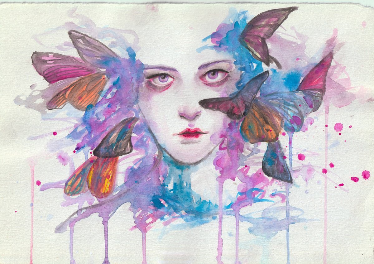 Surrealistic Portrait Watercolour By Anastasia Terskih, 12 X 8, Butterflies, Original Artwork