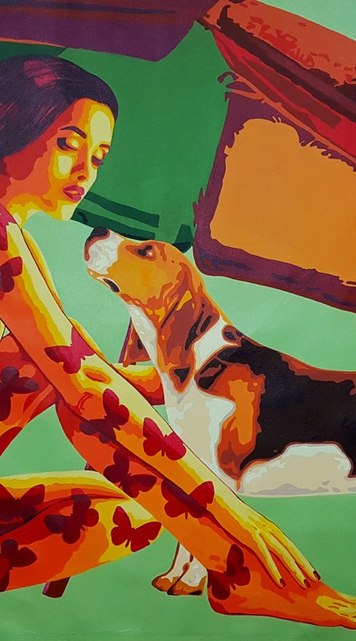 Lady, dog and beach umbrella by Sonaly Gandhi