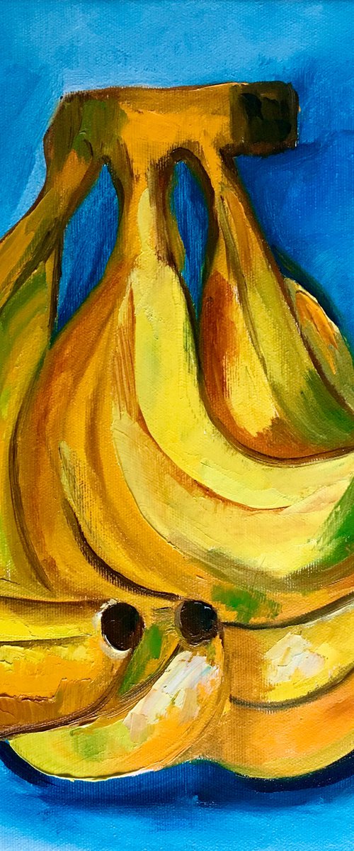 Bananas on  turquoise  Still life. Palette knife painting on linen canvas by Olga Koval