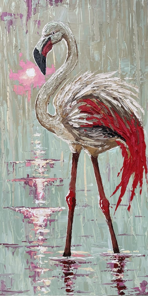 Expressive Animal Acrylic Painting By Elena Adele Dmitrenko, 24 X 48, Green Flamingo, Original Artwork