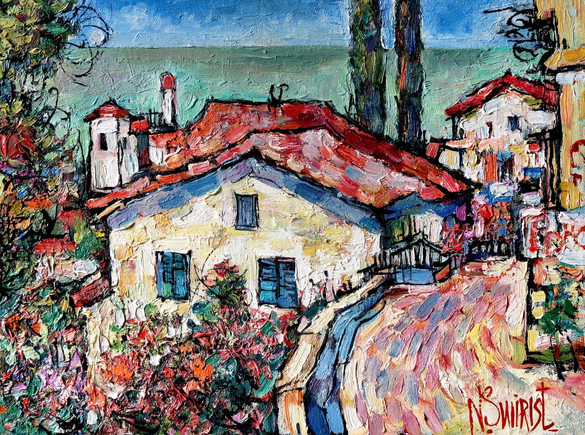 Impressionistic Cityscapes Oil Painting By Nikifor Swiristuhin, 16 X 12", The Ocean In Cudillero., Original Artwork