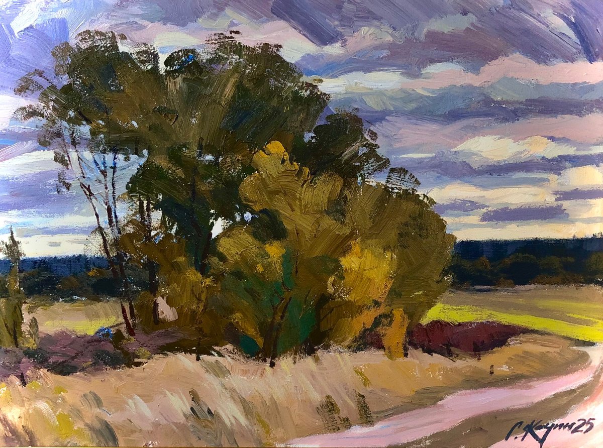 Impressionistic Landscape Acrylic Painting By Sergey Kachin, 31 X 24", Autumn Evening, Original Artwork