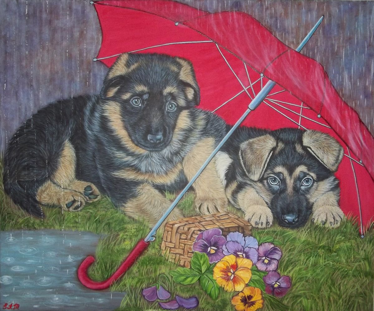 Puppies under Umbrella by Sofya Mikeworth