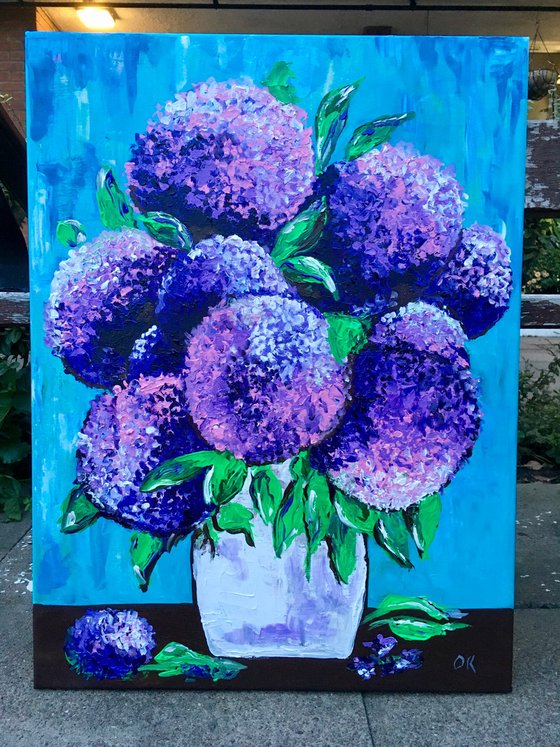 BOUQUET OF Purple hydrangea on turquoise in a white vase palette  knife Original Acrylic painting office home decor gift