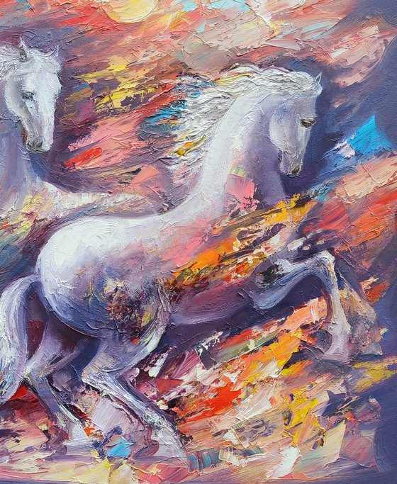 White horses (60x70cm, oil painting, ready to hang)