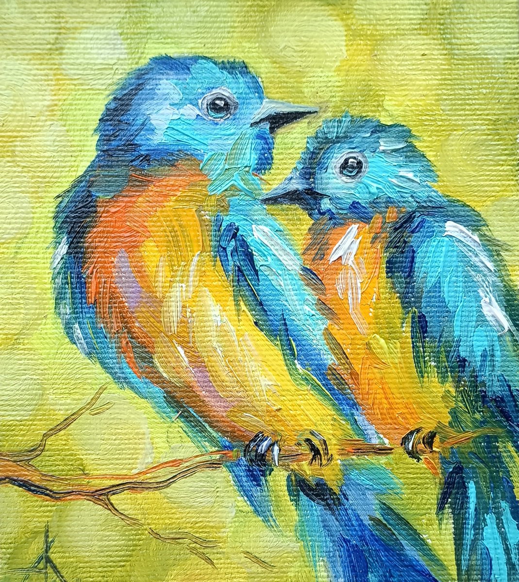 Chirping about love - birds, oil painting, bird, love, birds in love, birds oil painting by Anastasia Kozorez