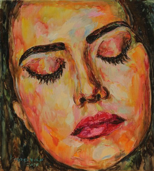 SUMMER NIGHT DREAM - Female portrait, original oil painting, large size, face, look, eyes, tender, love, interior by Karakhan