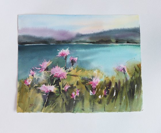 Watercolor lake and pink flowers, calming landscape
