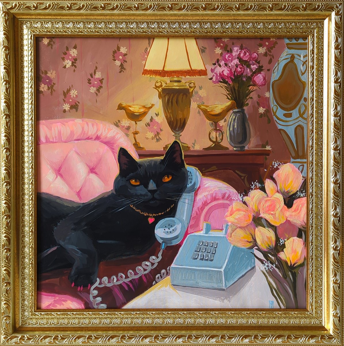 Illustrative Animal Acrylic Painting By Olha Vlasova, 24 X 24", Kitty On The Line, Original Artwork