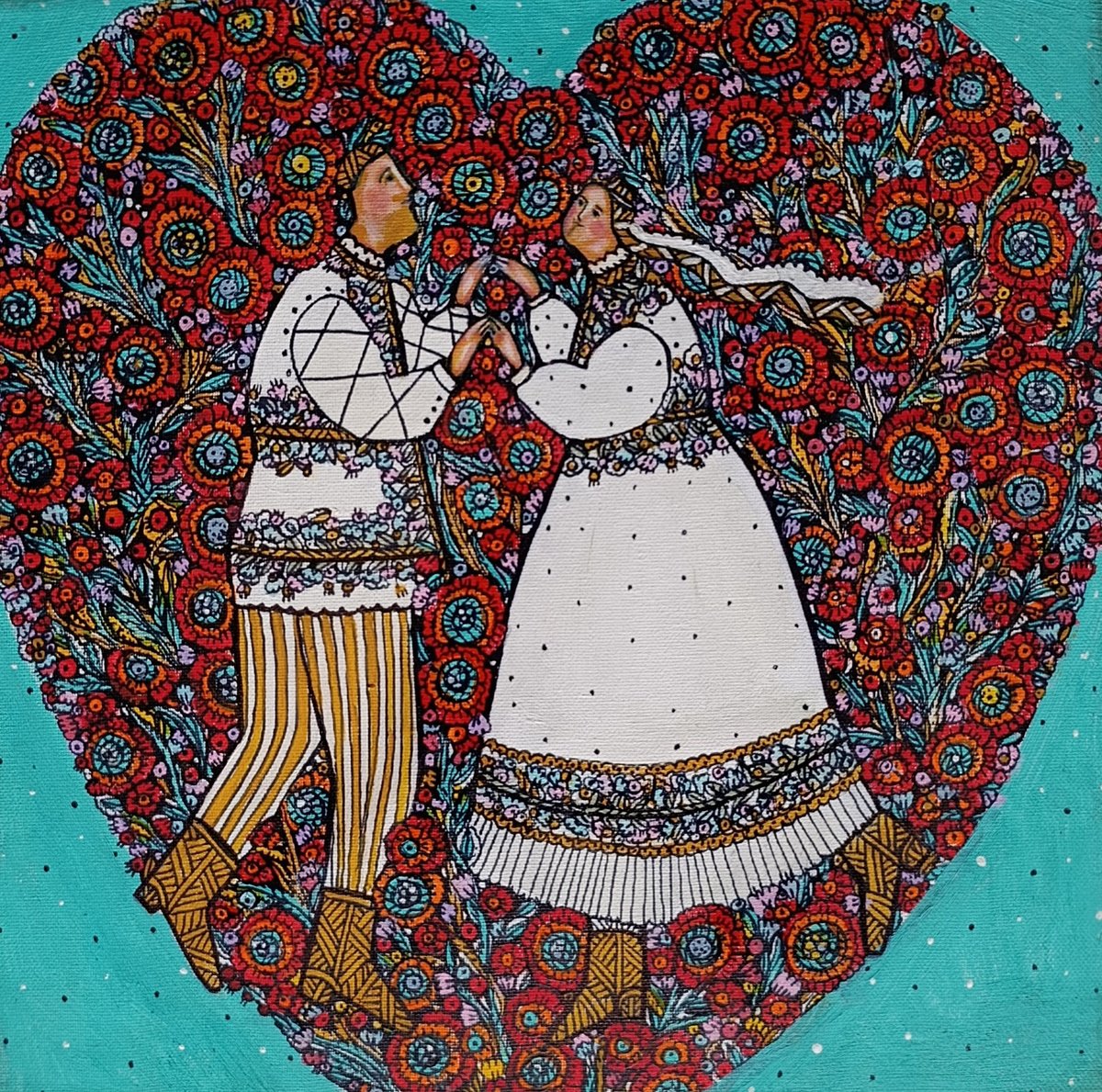 Naive Portrait Acrylic Painting By Tetiana Osadchuk, 12 X 12", Heart., Original Artwork