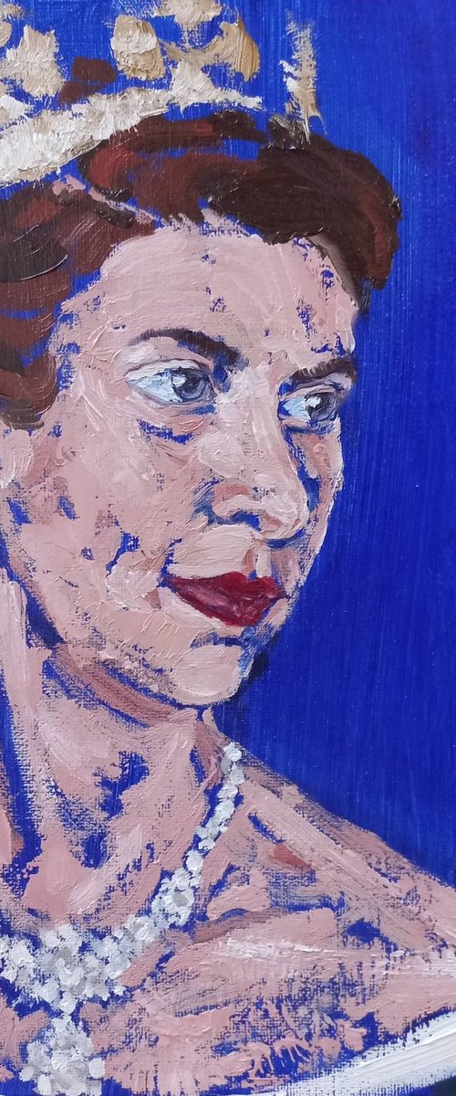 God Save The Queen. Oil portrait of Elizabeth II. 11.8x11.8inc/30x30cm by Tatiana Myreeva