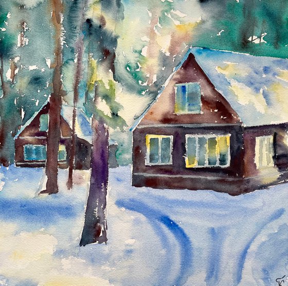 Winter Landscape Watercolor Painting, Snowy Forest Original Wall Art, Cozy Home Decor