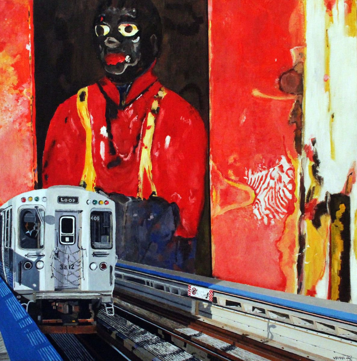 Urban And Pop Cityscapes Oil Painting By Ken Vrana, 21 X 21", A Colored Man, Original Artwork