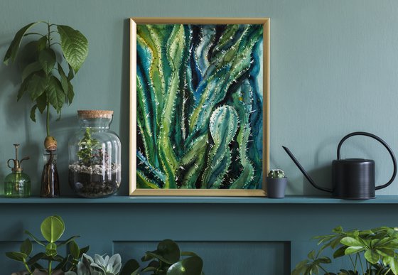 Expressive cacti - green original watercolor succulents
