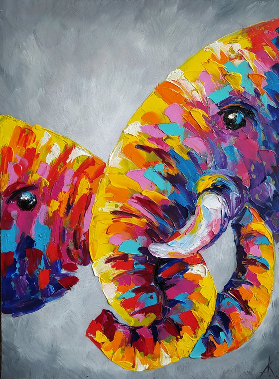 Happy childhood - elephants, mother, elephant, mother's love, Africa, love, animals, gift for mother, oil painting, Impressionism, palette knife, gift.