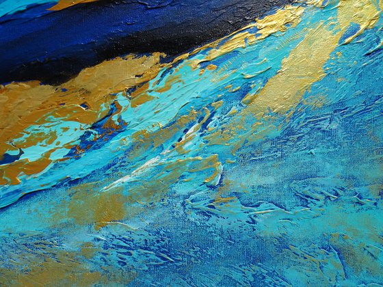 GOLDEN ORCA. Large Abstract Blue and Gold Contemporary Seascape, Ocean Waves Painting (61 x 122 cm). Modern Textured Art