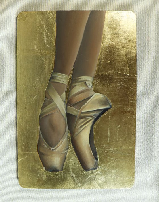 Ballerina on Pointe, 24K Gold Leaf, Ballet Shoes Painting, Framed Figurative Oil Artwork by Alex Jabore