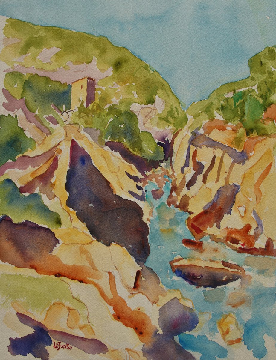 Impressionistic Landscape Watercolour By Jean-Noel Le Junter, 17 X 21, Old Mill In The Herault Gorges, Original Artwork