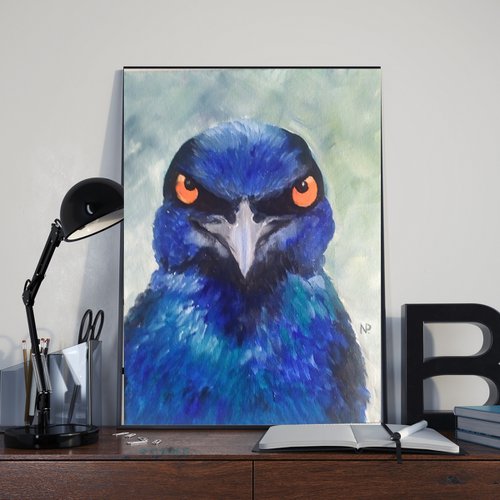 Blue bird, original small oil painting, gift idea, art for home, bedroom painting by Nataliia Plakhotnyk