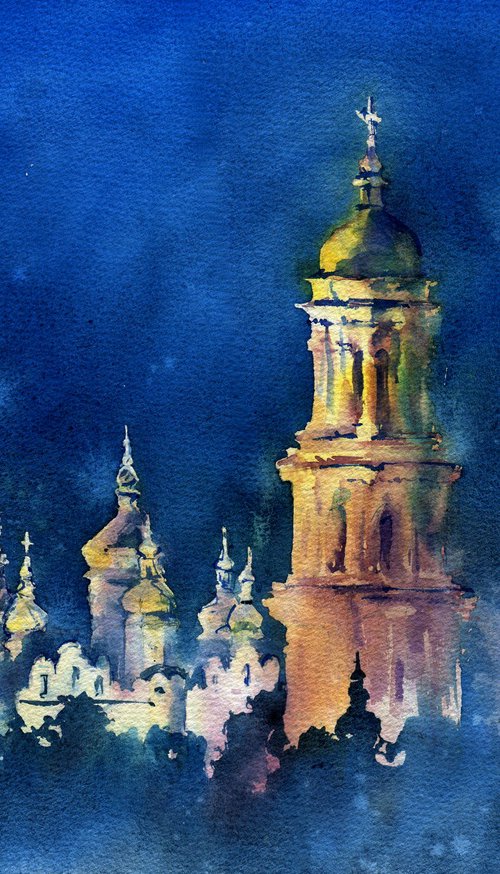 Architectural landscape "Evening Kiev. Kiev-Pechersk Lavra, Ukraine" - Original watercolor painting by Ksenia Selianko