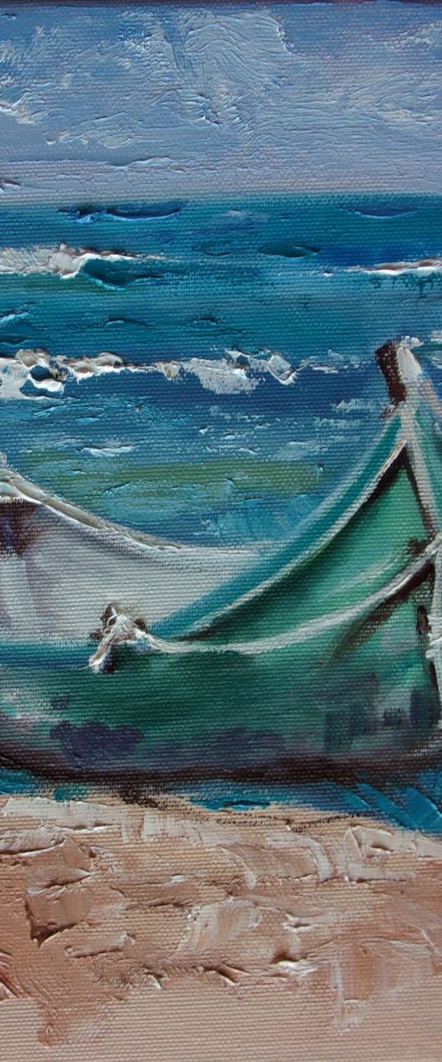 " BLUE SKY  " SHIP BOAT SAIL original painting palette knife GIFT MODERN URBAN ART OFFICE ART DECOR HOME DECOR GIFT IDEA by Monika Luniak