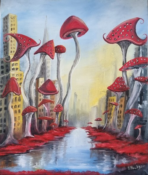 Mushroom Take Over Cityscape 20"×24" oil on canvas, Rise of the red mushroom by Hayley Huckson