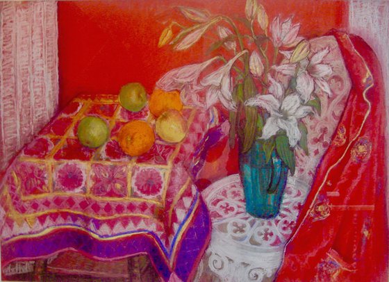 RED STILL LIFE WITH ORANGES AND APPLES