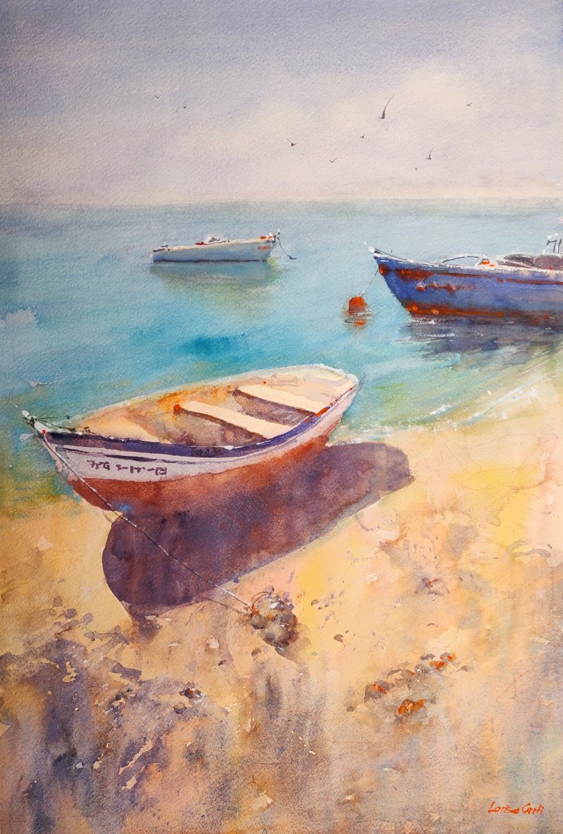 A walk on the Lanzarote shore | Original watercolor painting by Larisa Carli