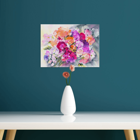 Sweetpea, Floral Art, Original Watercolour painting, colour explosion, vibrant watercolor