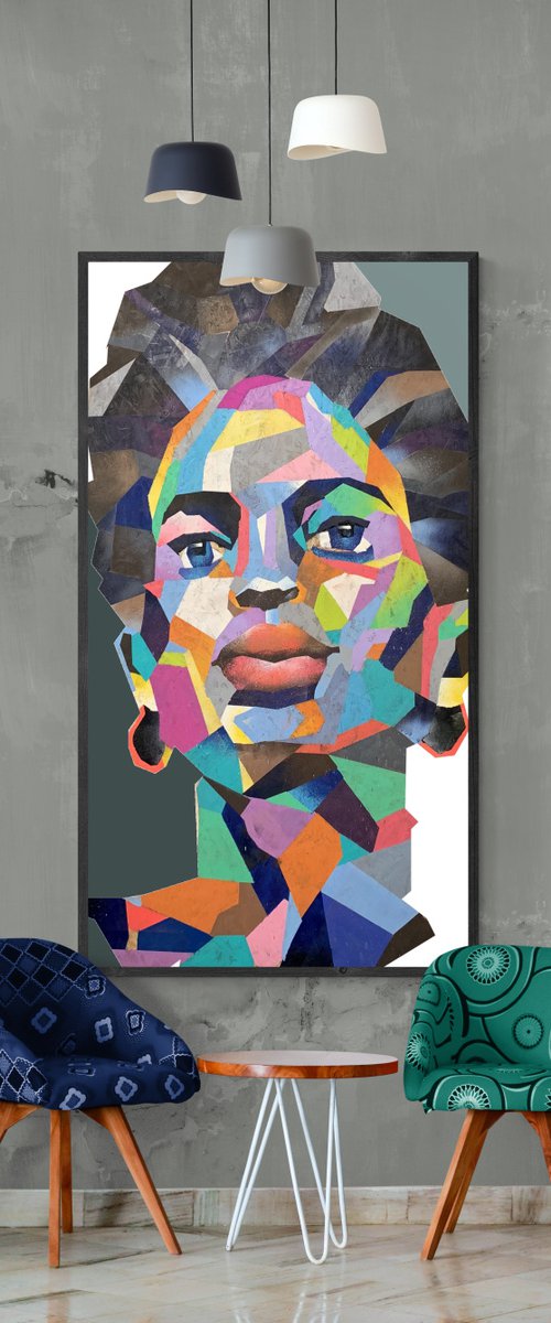Super Big XXL Painting - "Bright African girl" - Pop Art - Bright - Portrait - Geometric painting by Yaroslav Yasenev