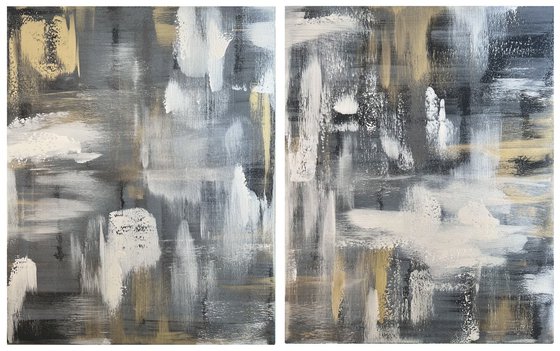 100x160cm  Black gold silver abstract painting. Mother-of-pearl luxury 2 set/