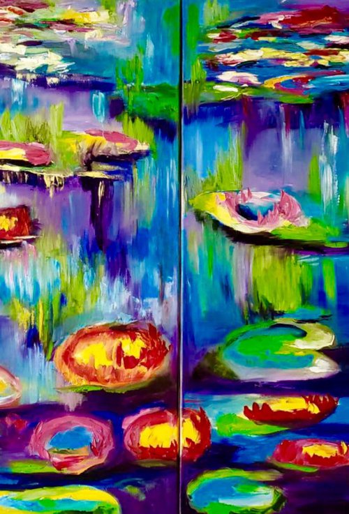 Water Lilies 160 x 100 inspired by Claude Monet multi panelled oil painting by Olga Koval