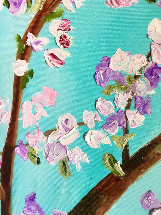 Apple blossom , spring in London white, pink, turquoise 81 x 61 cm  ready to hang oil painting