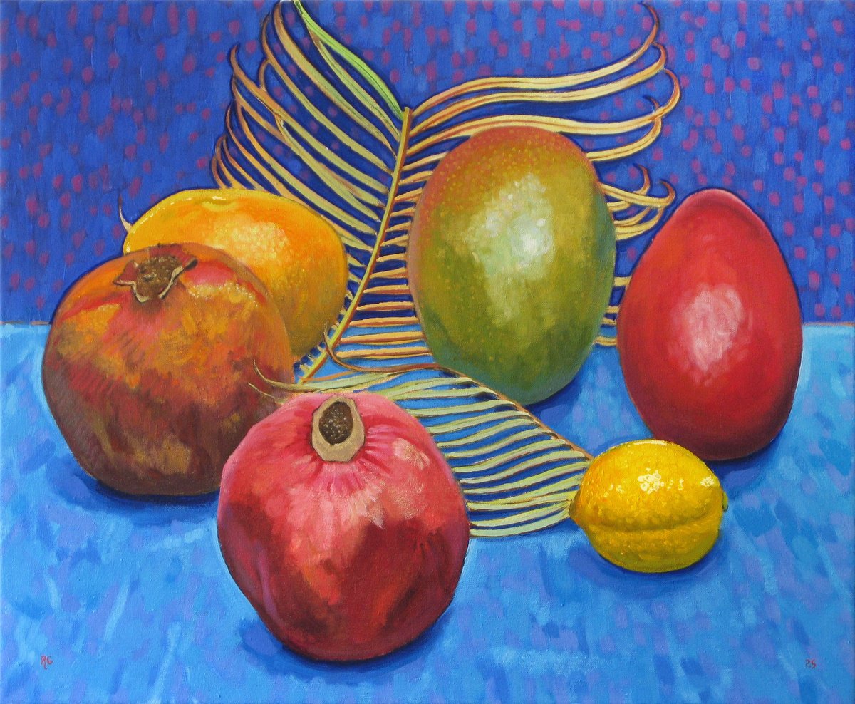 Still Life Oil Painting By Richard Gibson, 22 X 18", Fruit And Palm Leaf, Original Artwork