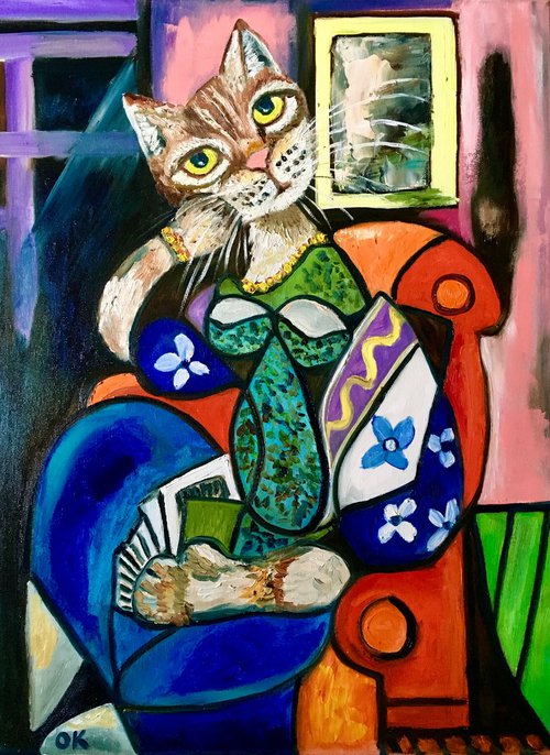 Cute Cat reading a book, version of Picasso painting FOR CAT LOVERS. by Olga Koval