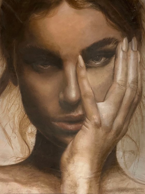 Gaze | Huge female portrait oil on unstretched canvas beautiful model posing with hand mysterious