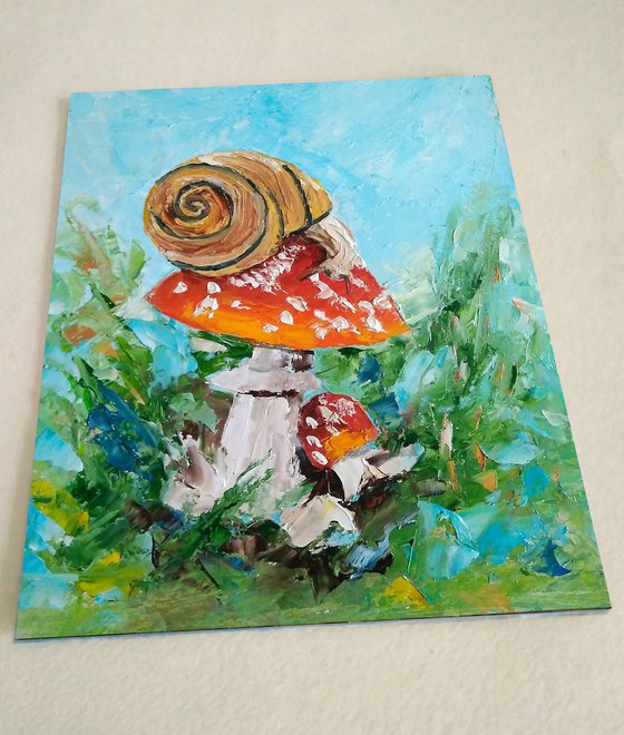Snail Painting Mushroom Original Art Forest Landscape Artwork Animal Wall Art Oil Impasto Painting
