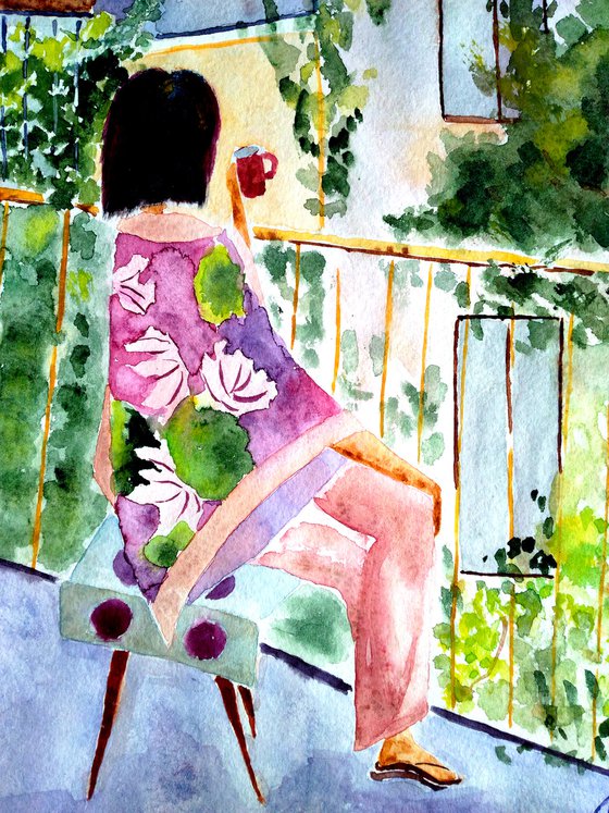 Woman Painting Paris Morning Original Art Lady Small Watercolor Coffee Time Artwork Home Wall Art 12 by 17" by Halyna Kirichenko