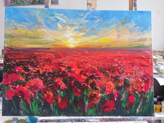 Red  Poppy Field. Original Impasto Acryl Painting With Palette Knife.