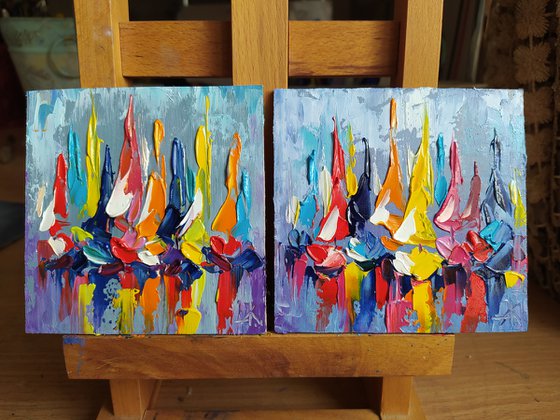Diptych yachts - small yachts, diptych, yacht racing, yacht, boats, oil painting, yacht club, yacht original painting, seascape, small size, postcard size