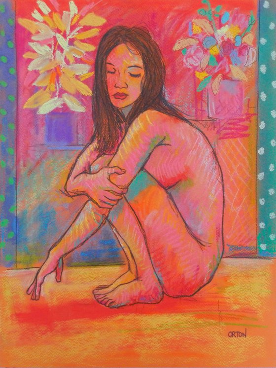 Female Nude In Pastel Seated Female Model Figure Study Life Drawing Gesture Study