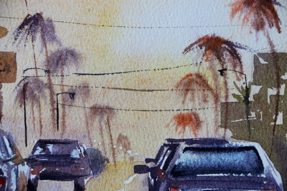 The road with cars in Los Angeles. Sunset. Original watercolor artwork.