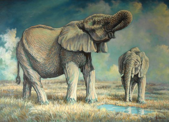 "MOM I'M ALSO THIRSTY" oil on canvas,  40% off sale !  Elephants in wilderness,  DISCOUNT PRICE!!!