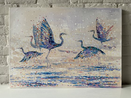 The cranes are flying. Original oil painteng