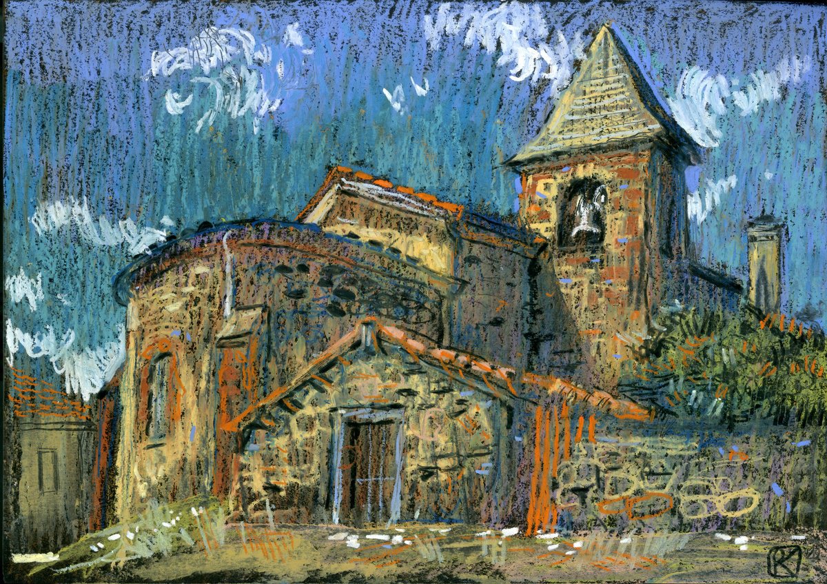 Impressionistic Landscape Pastel Drawing By Olga Kataeva-Rochford, 17 X 12", Chavaniac Lafayette. Saint-Roch Church In The Midday Light, Artfinder